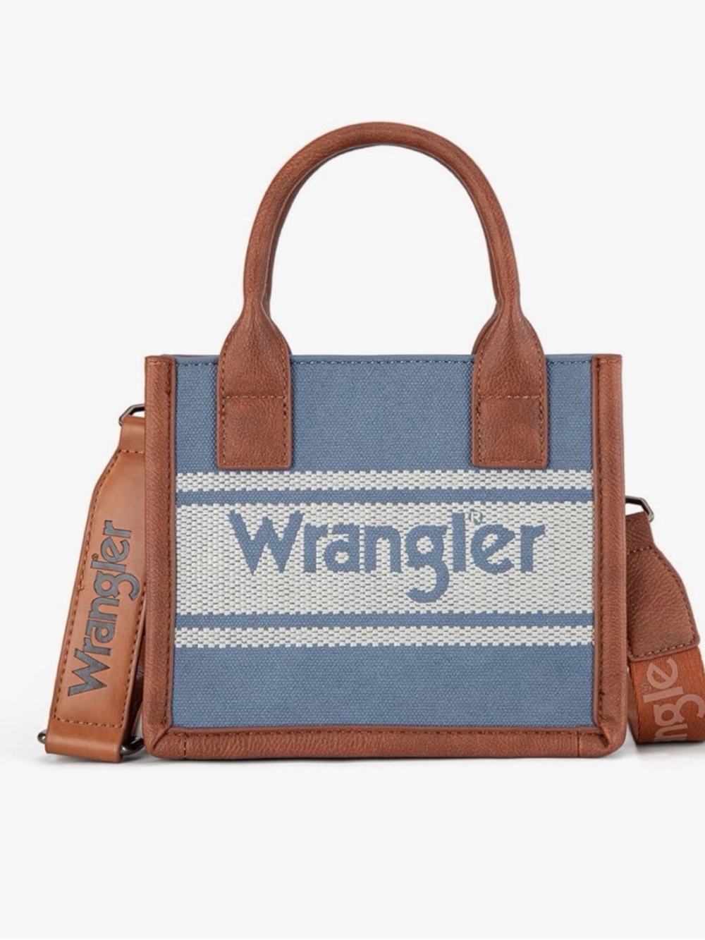Wrangler Blue Canvas Mini Tote with Brown Trim and Logo with Dust Bag